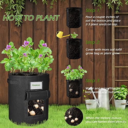Plant Grow Bags,5 Pack 10 Gallon Plant Grow Bags for Vegetables, Breathable Potatoes Growing Bags with Handle, Thickened Large Non-woven Fabric Plant Growing Bags for Vegetables/Fruits/Flowers (Black)
